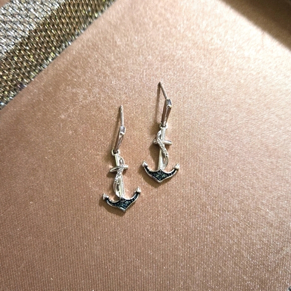 Sterling Silver Blue Diamond Anchor Drop Earrings - Picture 2 of 10